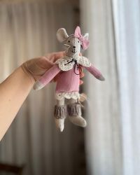 Mouse girl toy doll house textile linen handmade natural material crib toys