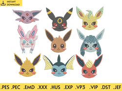 9 Eevee Embroidery Designs, pokemon embroidery - machine embroidery design files - 10 formats, 5 sizes