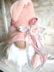 Pink and grey plush gnome stuffed doll