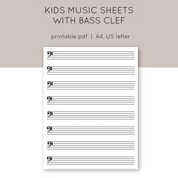 Kids printable sheet music. Sheet music with bass clef. Piano staff paper. Blank music paper. Learn piano.
