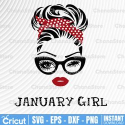 January Girl SVG, Woman With Glasses Svg Printable, Girl With Bandana Design, Blink Eyes Png, January Svg,