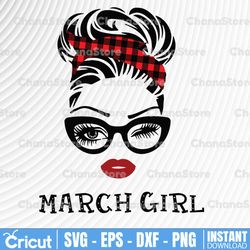 March Girl SVG, Woman With Glasses Svg Printable, Girl With Buffalo Plaid Bandana Design, Blink Eyes Png, March Svg, Png