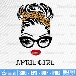 April Girl SVG, Woman With Glasses Svg Printable, Girl With Leopard Plaid Bandana Design, Blink Eyes Png, April Svg, Png