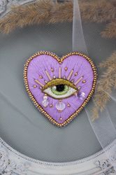 Sacred heart brooch, witch embroidery, heart, evil eye jewelry