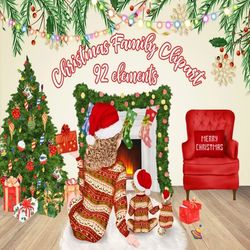 Christmas clipart: "CHRISTMAS FAMILY CLIPART" mom and child Christmas fireplace scenery My First Christmas Matching paja
