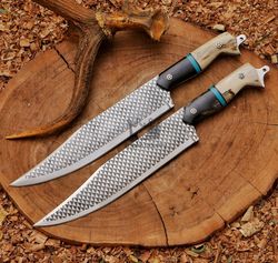 Set Of 2 Handmade High Carbon Steel Chef Knife, Cowboy Knife, Fixed Knife, Outdoor Knife, With Sheath, Camping Knife