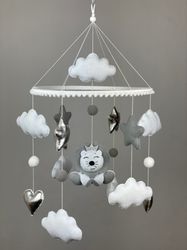 Baby mobile lion for boy. Nursery mobile lion with grey colour.Lion mobile for crib