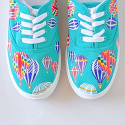 Hot air balloons Custom Sneakers, Hand Painted turquoise Canvas Shoes, Personalized Gift for women