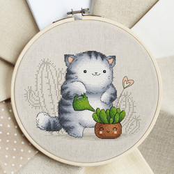 Succulents Cross Stitch Pattern, Cat Tapestry, Plant Needlepoint, Cactus Cross Stitch, Kitten Hand Embroidery, Cat Decor