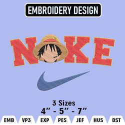 One Piece, Anime Inspired Embroidery Design, Luffy Nike Embroidery Files, Nike Embroidery,  Machine Embroidery Design