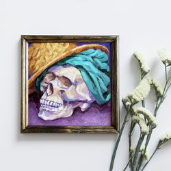 Van Gogh Style Painting Original Skull In A Hat Artwork Oil On Panel Framed Death Wall Art Skeleton Home Decor