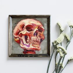 Skull Painting Original Skeleton Artwork Oil On Panel Framed Death Wall Art Horor Home Decor