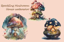 Sparkling Mushroom House Watercolor
