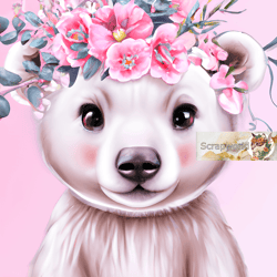 White bear illustration with pink flowers-1