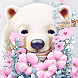 White bear illustration with pink flowers-2