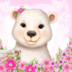 White bear illustration with pink flowers-9