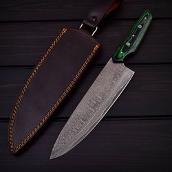 custom handmade Damascus steel kitchen chef knife with leather sheath, chef knife, kitchen knife, gift knife, MK3522M