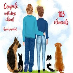 People with dogs clipart: "COUPLES CLIPART" Boyfriend Girlfriend Couple portrait Dog lover clipart Dog lover mug Love cl
