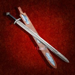 Hand forged Damascus Steel Viking Sword with custom leather sheath, wedding gif, birthday gift sword, MK3434M
