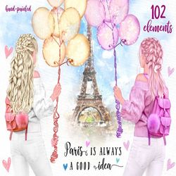 Girls clipart: "BEST FRIENDS CLIPART" Girls in Paris Sublimation Travel clipart Customizable clipart Girl with balloons