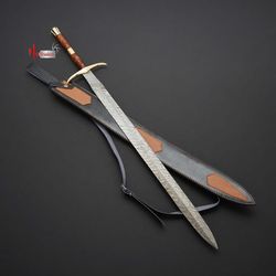 custom handmade damascus steel Viking sword with leather sheath, gift sword, personalized sword, mk3441m