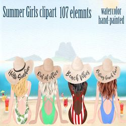 Summer Girls clipart: "BEACH GIRLS CLIPART" Best Friends clipart Summer graphics Beach straw hat Swimwear girl Swiming s