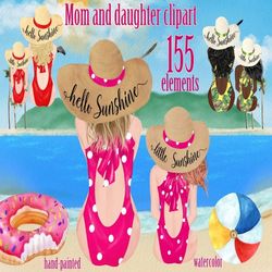 Mom and daughter clipart: "SUMMER BEACH CLIPART" Beach straw hat Swimwear girl Swiming suites clipart Vacation clipart F
