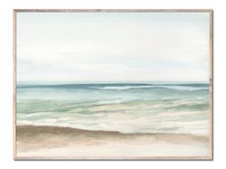 Panoramic Coastal Landscape Print Beach Watercolor Painting Neutral Minimalist Seascape Wall Art Light Aqua Blue Green