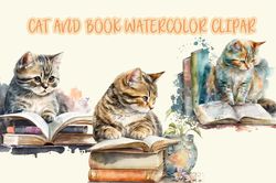 Cat And Book Watercolor Clipart