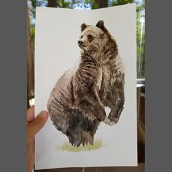 Bear Original Watercolor Painting Animal Painting Funny Brown Bear Painting by Guldar