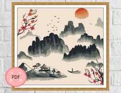Watercolor Chinese Landscape Cross Stitch Pattern , Asian Landscape, Pdf File, Asian Style,Cherry Blossom