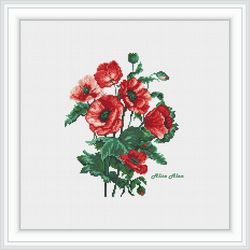 Cross stitch pattern bouquet red Poppies flowers nature floral botany garden counted crossstitch patterns Download PDF