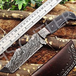 Custom Handmade Damascus Steel Hunting Skinner Tanto Knife With Horn Handle And Leather Sheath.