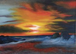 Sea, Oil painting, Seascape, Sunset on the sea, Original painting