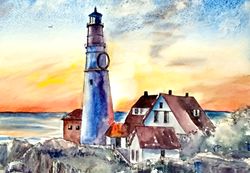 Lighthouse Painting Original Art Seascape Watercolor Sunset Artwork