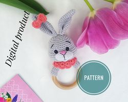Baby rattle teether Bunny crochet pattern, newborn toy rabbit amigurumi crochet pattern, Baby Toy pattern