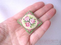 Embroidery kit for a miniature pillow for a dollhouse (Victorian rose, green freshness) in 1/12 scale.