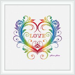 Cross stitch pattern Heart curls floral ornament metric rainbow frame love counted crossstitch patterns Download PDF