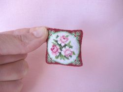 Embroidery kit for a miniature pillow for a dollhouse (Victorian rose, lovely burgundy) in 1/12 scale.
