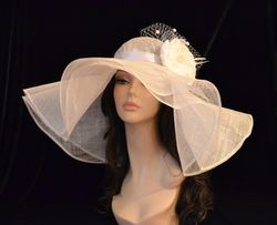 Ivory sinamay hat, Wide brim sinamay hat, Royal Ascot hat, wedding guest hat