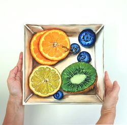 Fruits original oil painting, Lemons, oranges, kiwis, and blueberries, Kitchen wall decor