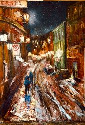 Cityscape Winter Evening in an Old City Oil painting on board Wall art 10 by 14 inches
