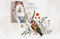 Watercolor bird. Wildflowers. Watercolor.