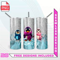 Penguin Family with kids Tumbler Wrap Seamless Designs - Skinny Tumbler 20oz Design PNG