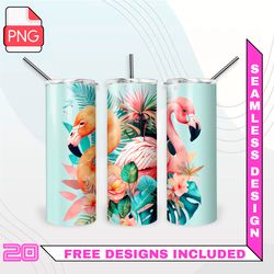 Painted Flamingos in flowers Tumbler Wrap Seamless Designs - Skinny Tumbler 20oz Design PNG
