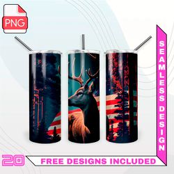Deer on the background of the American flag Tumbler Wrap Seamless Designs - Skinny Tumbler 20oz Design PNG