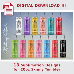 13 Inspired Energy Drink Templates - Seamless Sublimation Patterns - 20oz SKINNY TUMBLER - Full Tumbler Wrap