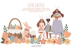 Happy Easter clipart, Cute bunny rabbit illustration card, Childrens egg hunts clip art, Easter basket pictures