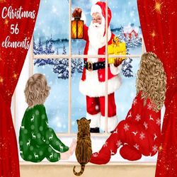 Santa and kids clipart: "CHRISTMAS CLIPART" Christmas background Mug sublimation Santa in window Xmas Kids clipart DIY C