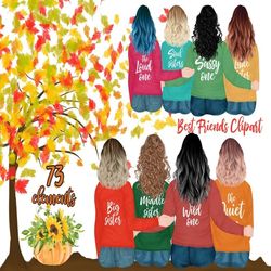 Autumn Best Friends Clipart: "GIRLS SITTING CLIPART" Bff clipart Mug design Customizable clipart Happy Fall Sisters clip